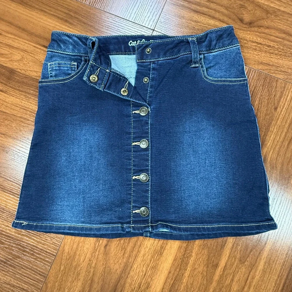 Cat & Jack Girls Blue Denim Mini Skirt Super Stretch Button Front Size L 10/12